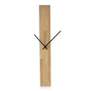 Wall clock made of textured wood with minimalist black hands and no numbers.