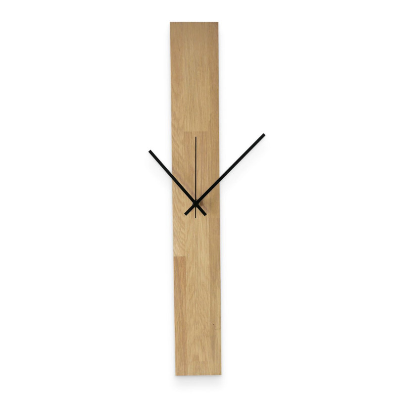 Wall clock made of textured wood with minimalist black hands and no numbers.