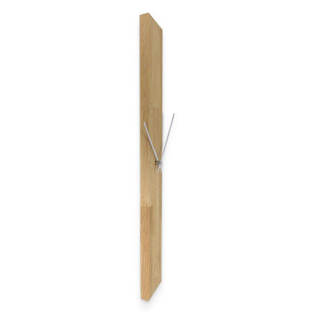 Wooden clock with a simple design and black hands on the wall.