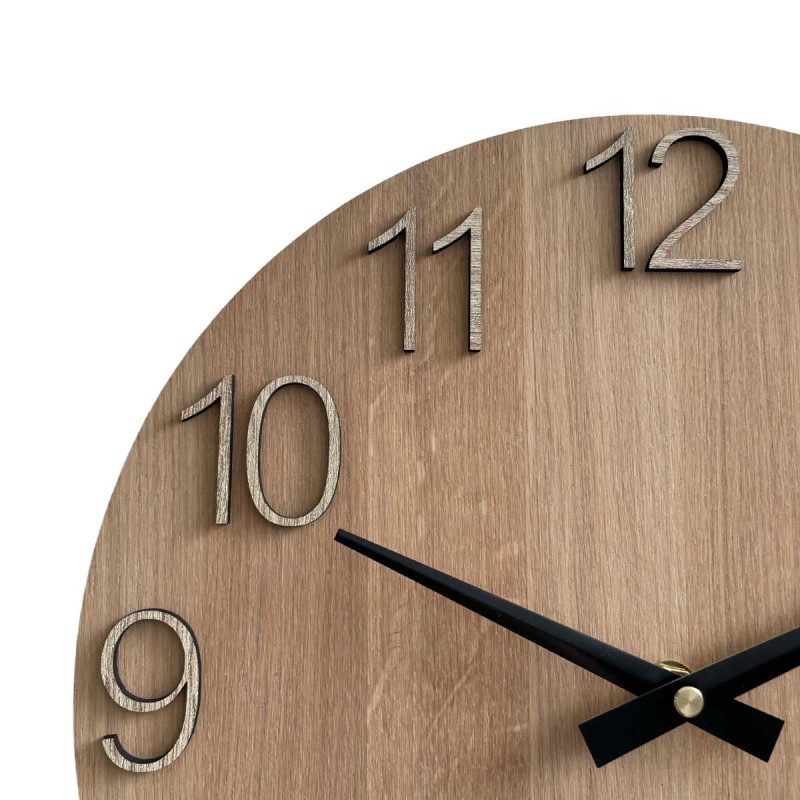 Natural wooden clock with a simple design and thin hands.