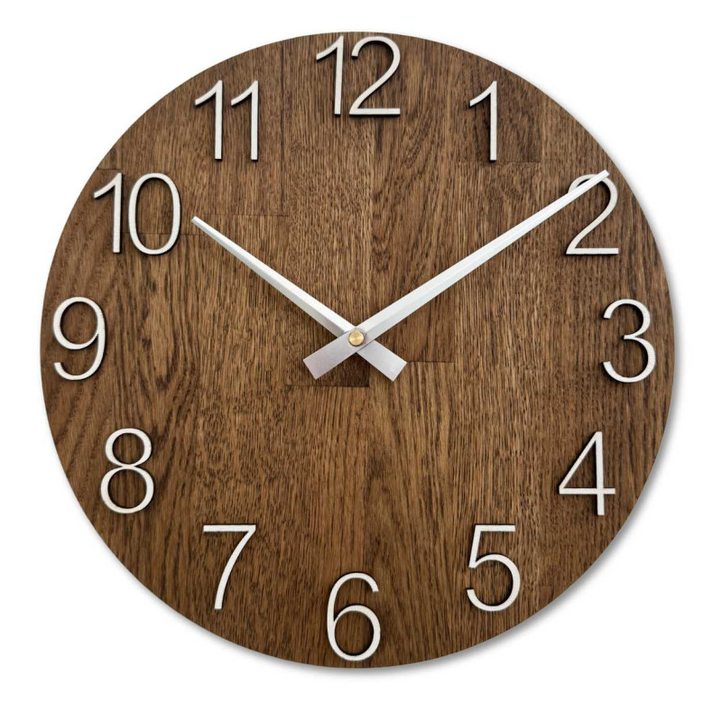 Wooden wall clock with a circular shape and a subtle natural motif.