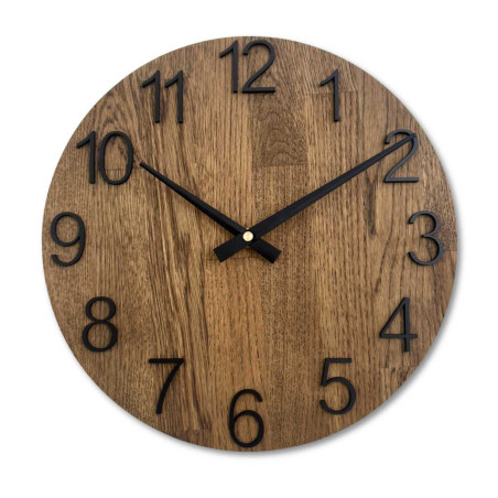 Round clock made of natural wood with contrasting metal hands.