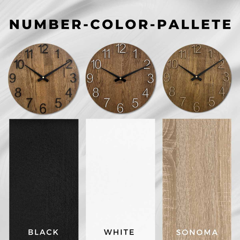 Round clock with a decorative cutout in the center and a delicate wood pattern.