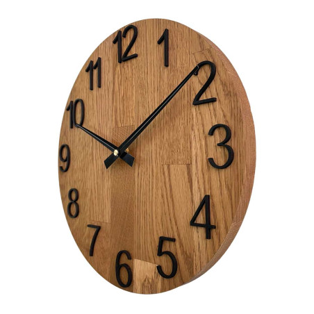 Round clock made of natural wood with contrasting metal hands.