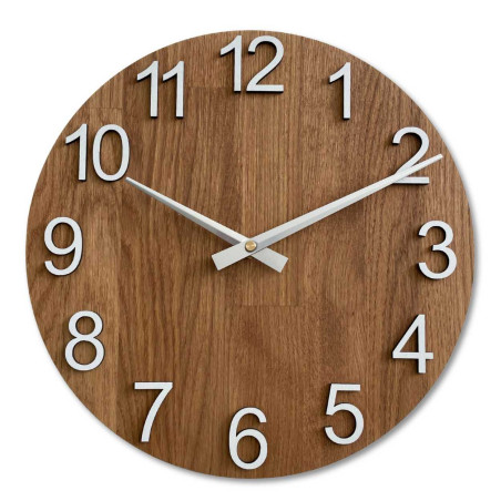 Wooden wall clock with a circular shape and a subtle natural motif.