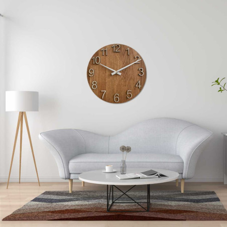 A close-up of a wooden dial with a subtle cutout in a natural style.