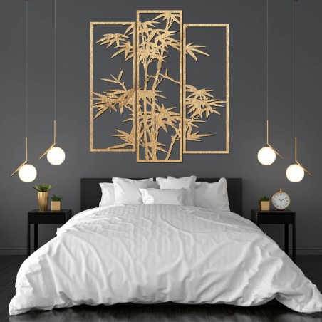 Black three-piece metal painting with bamboo - a stylish addition to your living room or office Black three-piece metal painting with bamboo - a stylish addition to your living room or office