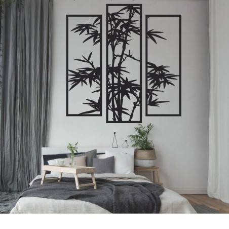 Black three-piece metal painting with bamboo - a stylish addition to your living room or office Black three-piece metal painting with bamboo - a stylish addition to your living room or office