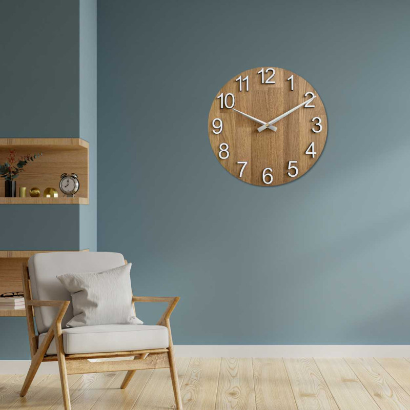 Wooden wall clock in oak decor with distinctive 3D numerals