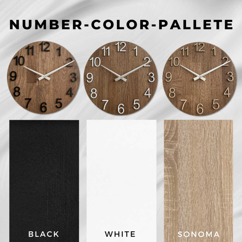 Modern wooden clock with a round shape and a discreet dial