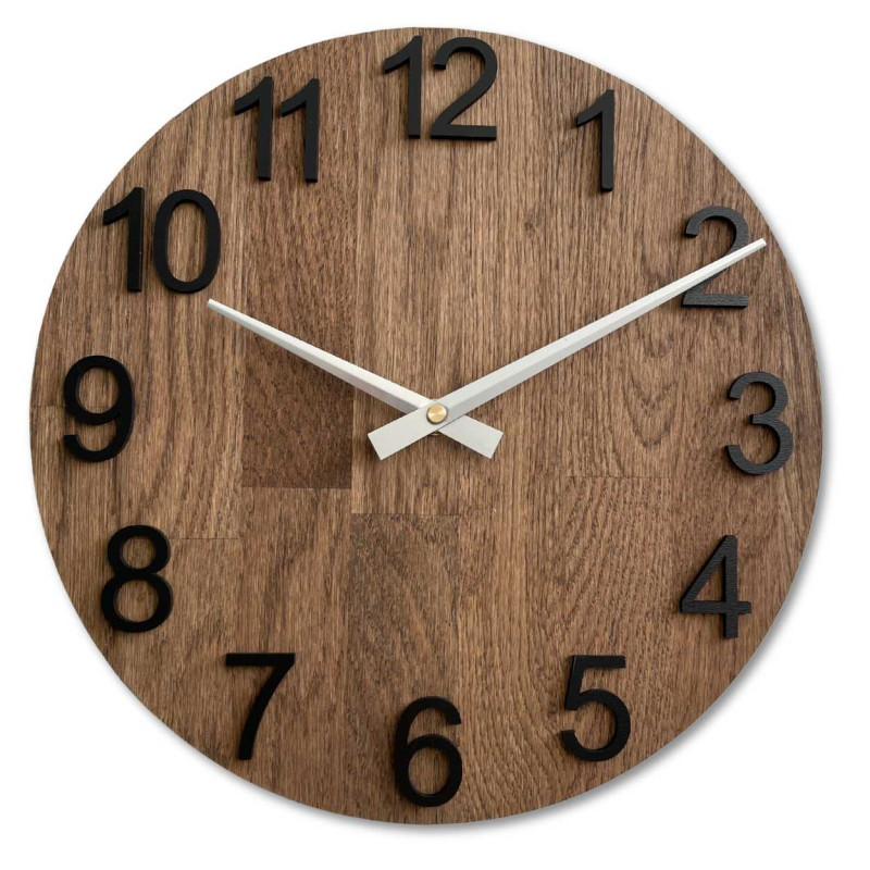 Wooden wall clock with round shape and silver hands