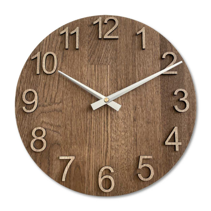 Wooden wall clock with round shape and silver hands