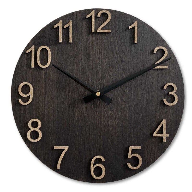 Wooden clock with a clean design and contrasting hands