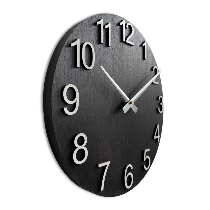 Wooden wall clock with round shape and silver hands