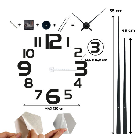 3D wall clock with large black numbers and silver hands