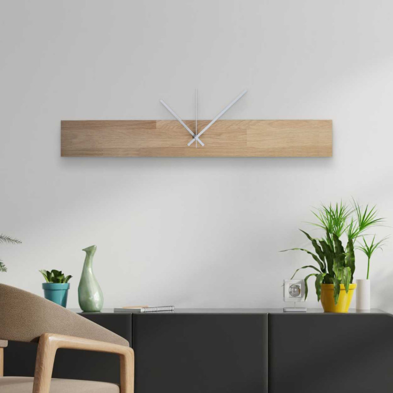 Rectangular wooden wall clock with contrasting black hands