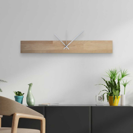 Rectangular wooden wall clock with contrasting black hands