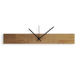 Minimalist wall clock with a wooden base and contrasting hands.