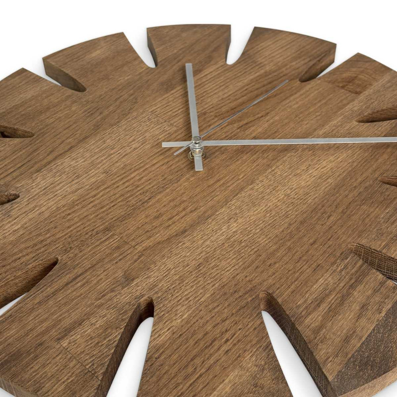 Large wooden clock with a simple dial designed for a modern interior.