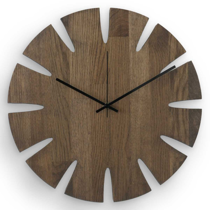 Large wooden clock with a simple dial designed for a modern interior.