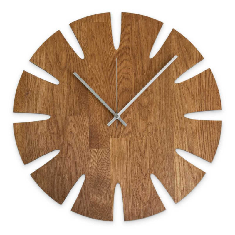 Wooden wall clock with a modern minimalist design suitable for the living room.