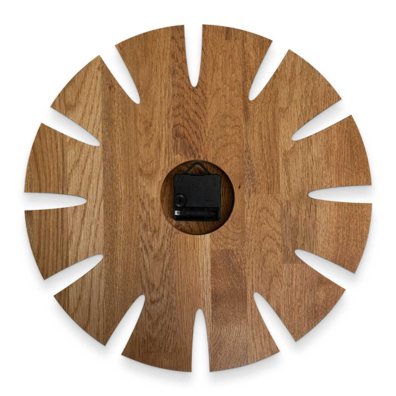 Modern designer clock with a wooden motif for natural-style interiors.