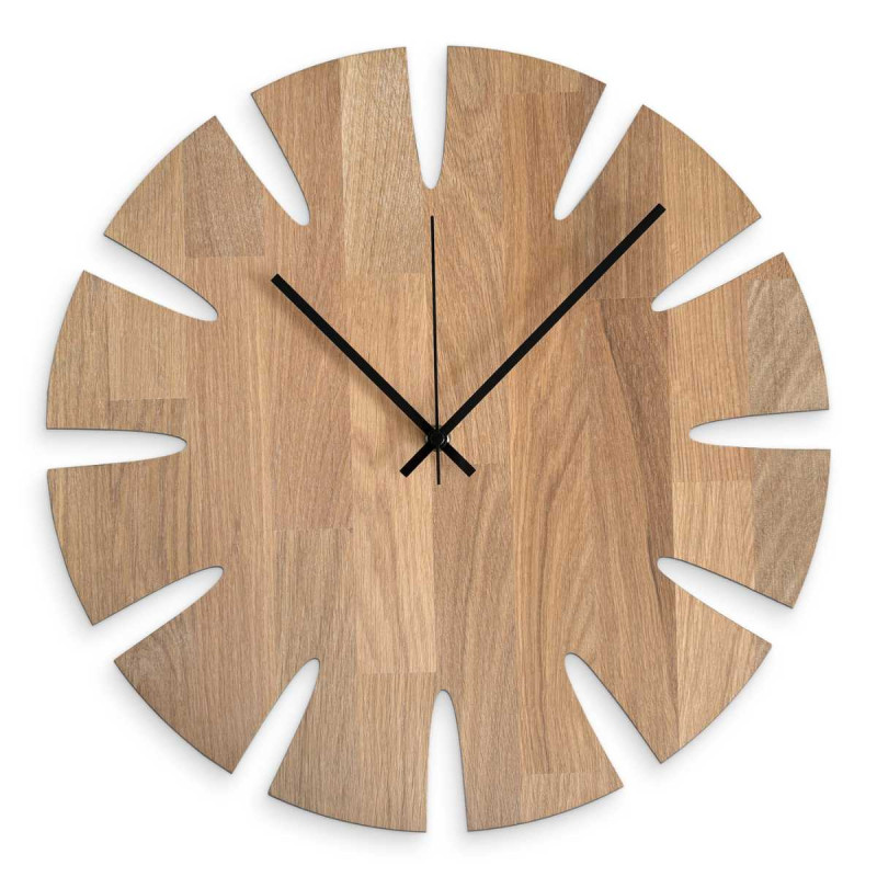 Designer wooden clock with a stylish motif for a modern interior.