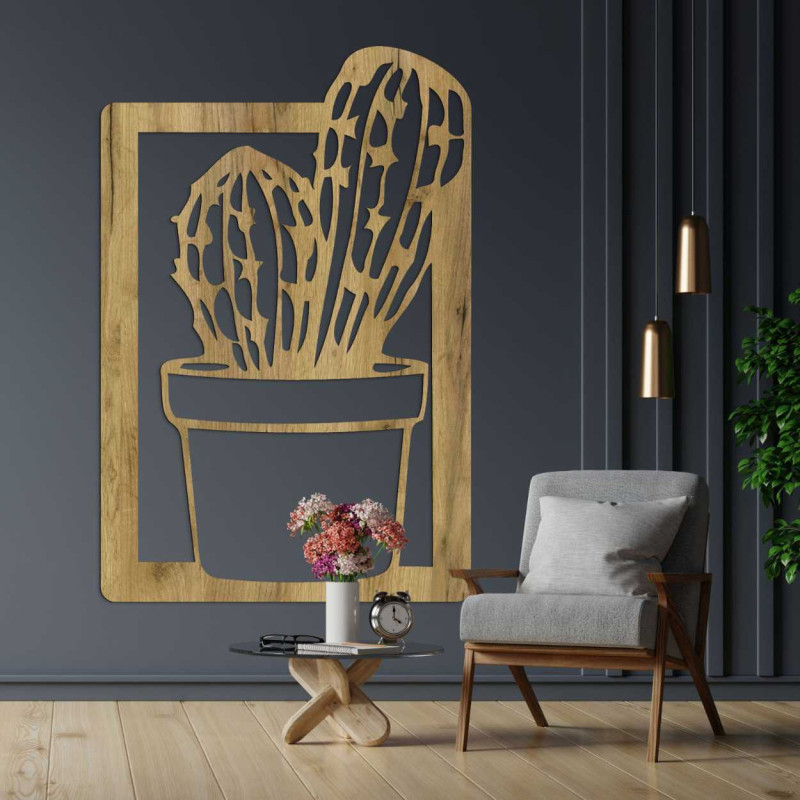 Carved wooden picture with a cactus motif, suitable for the living room or kitchen.