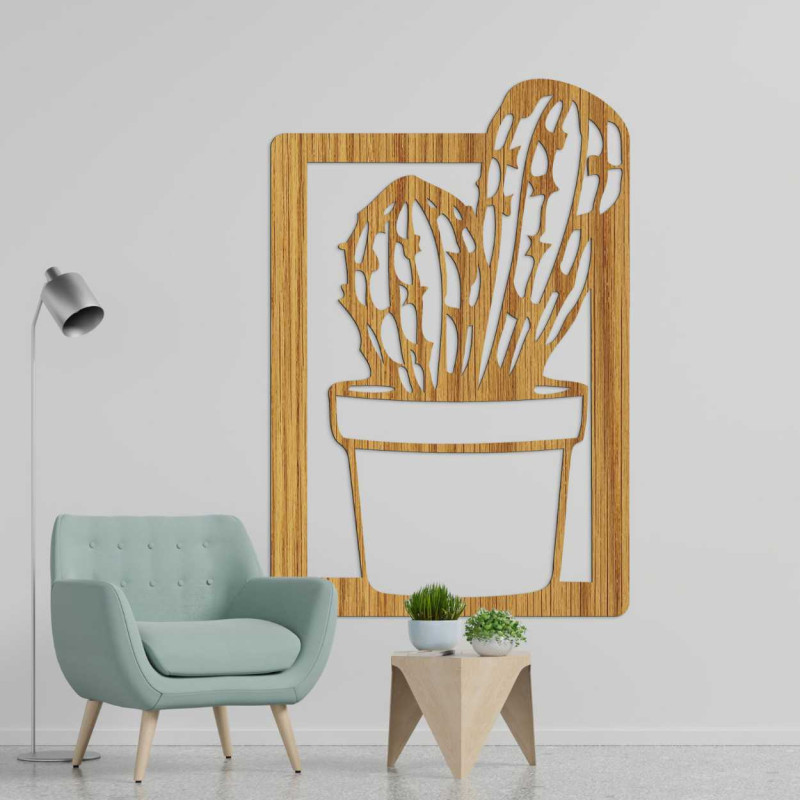 Carved wooden picture with a cactus motif, suitable for the living room or kitchen.