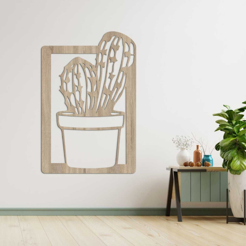 Carved wooden picture with a cactus motif, suitable for the living room or kitchen.