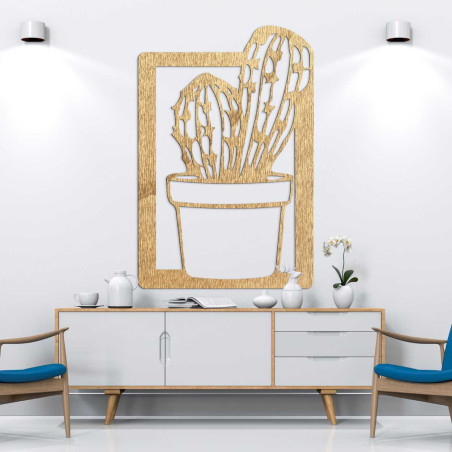 Modern wall decoration for the living room with a wooden frame and a natural cactus motif. Modern wall decoration for the living room with a wooden frame and a natural cactus motif.