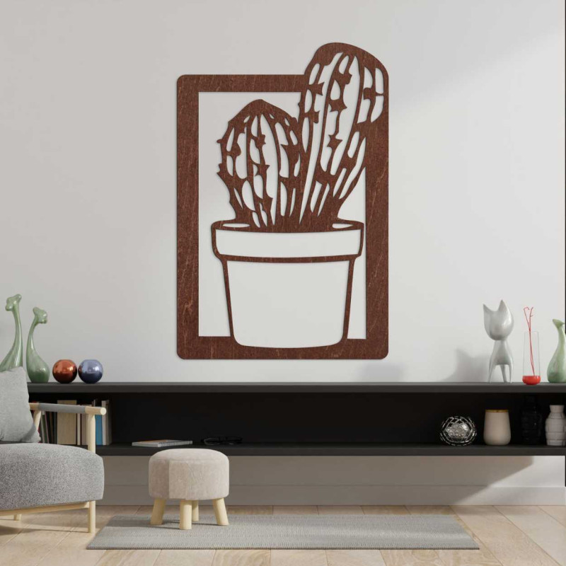 Modern wall decoration for the living room with a wooden frame and a natural cactus motif.