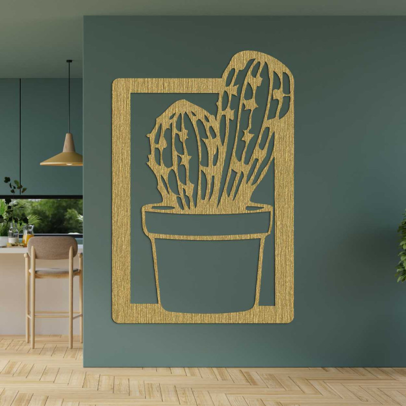 Modern wall decoration for the living room with a wooden frame and a natural cactus motif.