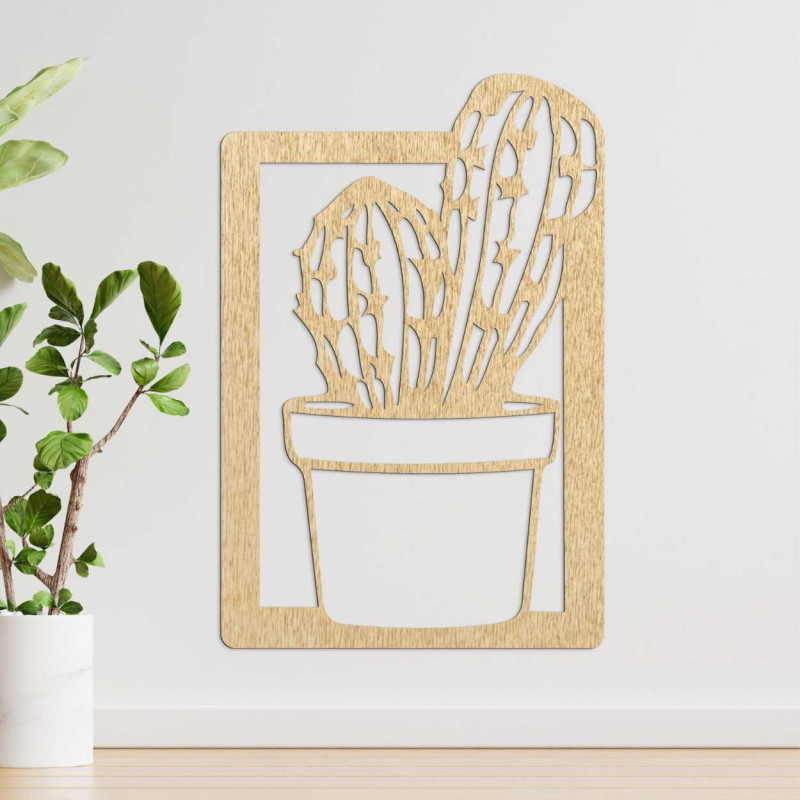 Modern wall decoration for the living room with a wooden frame and a natural cactus motif.