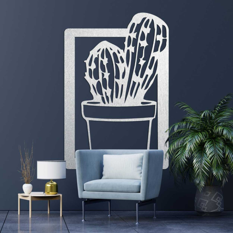 Modern wall decoration for the living room with a wooden frame and a natural cactus motif.