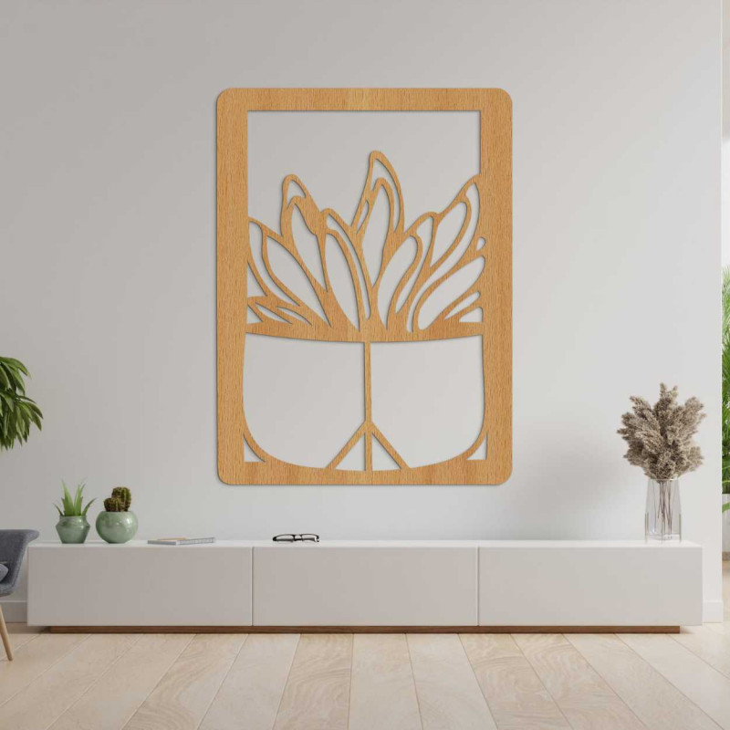 Large wooden wall decoration with a natural cactus motif