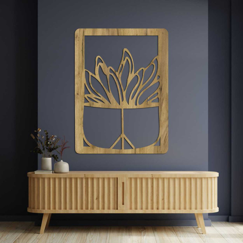 Large wooden wall decoration with a natural cactus motif