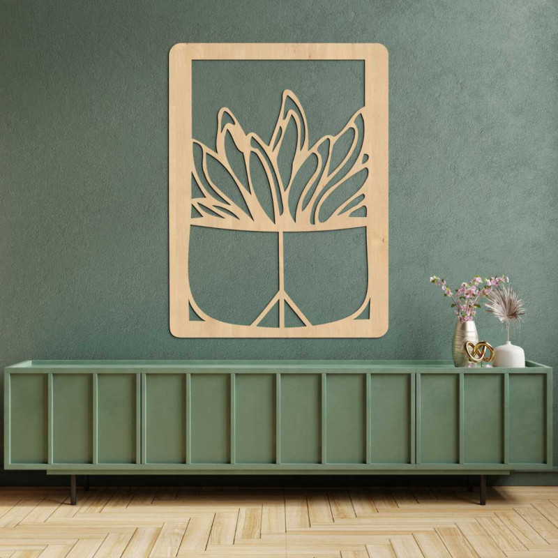 Large wooden wall decoration with a natural cactus motif