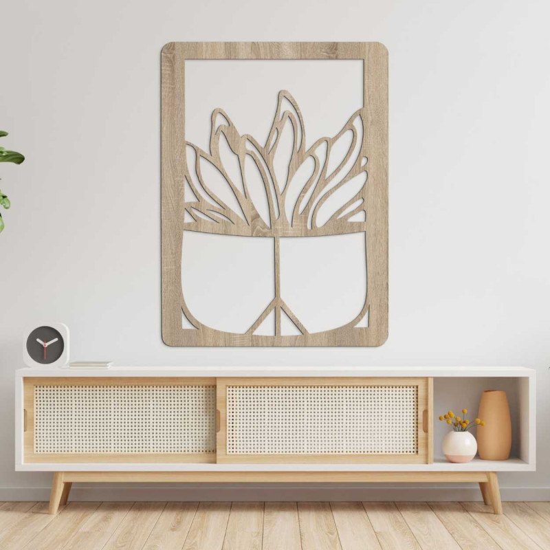 Large wooden wall decoration with a natural cactus motif