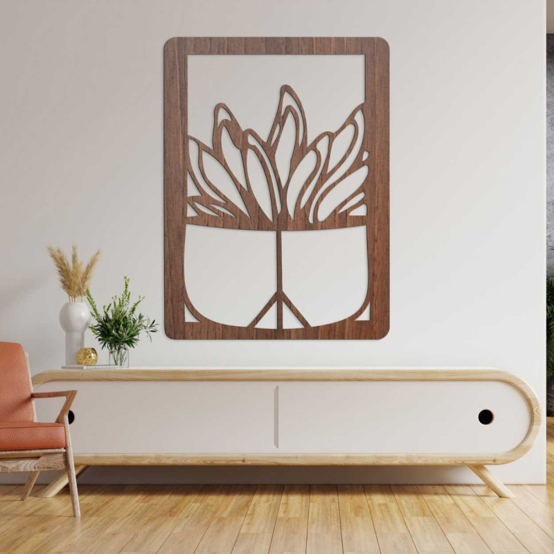 Large wooden wall decoration with a natural cactus motif