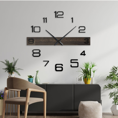 Stylish wooden clock for the living room with distinctive numbers and elegant hands.