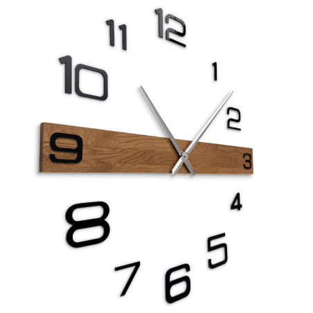 Modern, elegant wooden clock with a horizontal center bar and freely spaced digits. Modern, elegant wooden clock with a horizontal center bar and freely spaced digits.