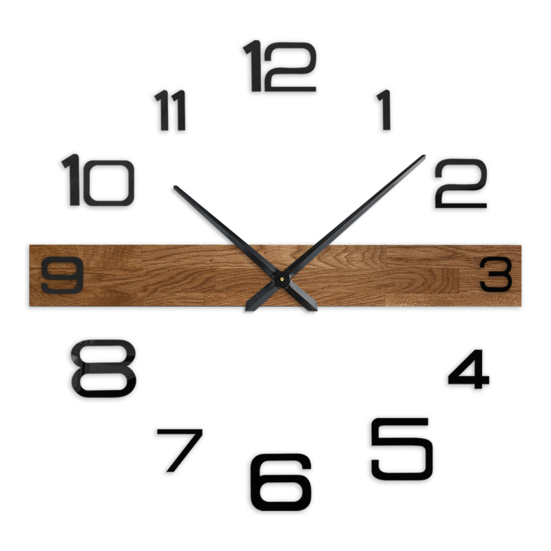 Large wooden wall clock with black Arabic numerals and dark hands, suitable for the living room.