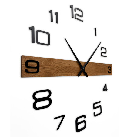 Wooden wall clock with distinctive black numbers and black hands. Wooden wall clock with distinctive black numbers and black hands.