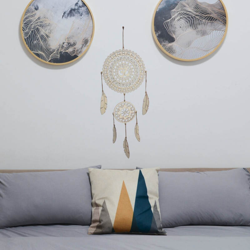 Handmade OM dream catcher made of wood, boho wall decoration, feathers made of poplar plywood.