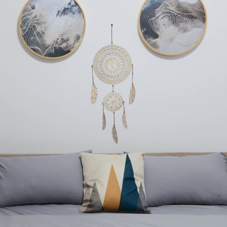 Handmade OM dream catcher made of wood, boho wall decoration, feathers made of poplar plywood.