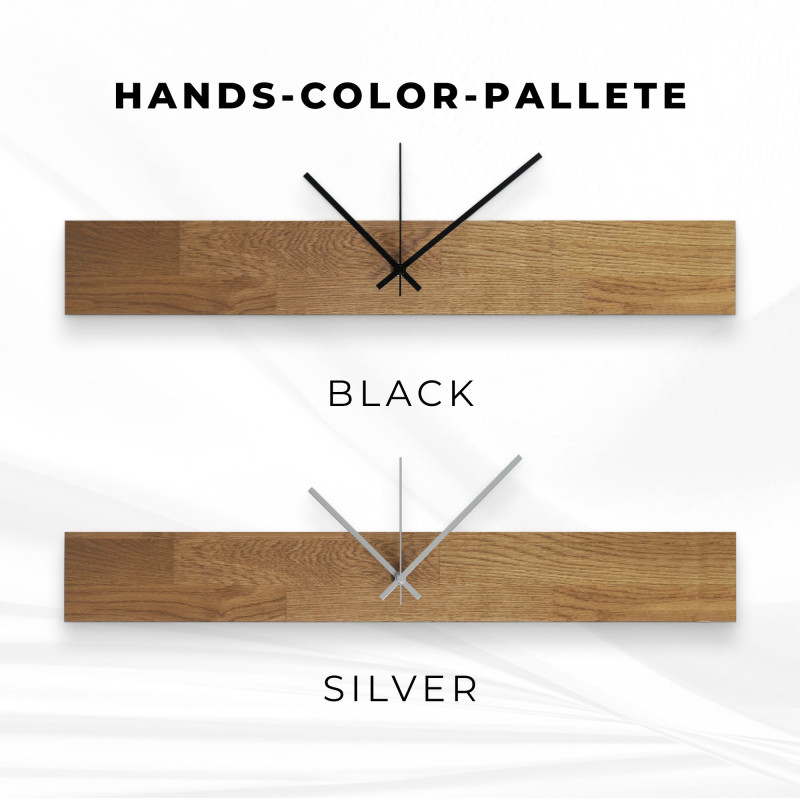 Wooden clock with a horizontal wooden element and black Arabic numerals, suitable for the living room.
