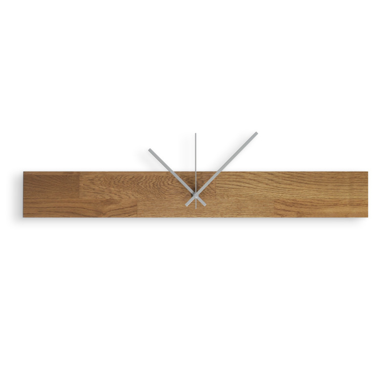 Minimalist wall clock with a wooden part and black, easily visible numbers.