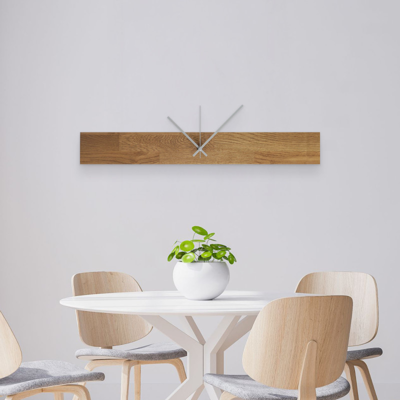 Wooden clock with an unconventional arrangement of black numerals around a central wooden bar.