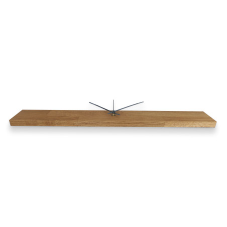 Elegant wall clock with a wooden base and loosely spaced black hour markers. Elegant wall clock with a wooden base and loosely spaced black hour markers.